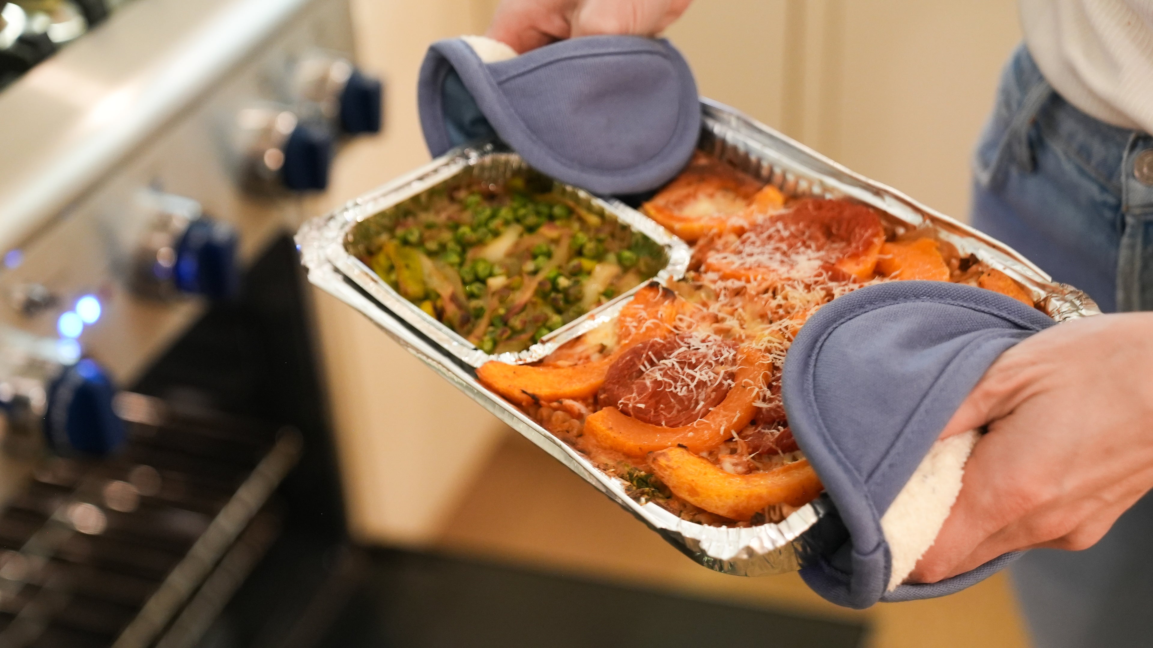 Harvest Lasagna freshly out of the oven from Kitchenette, a Santa Barbara based food service that delivers flavorful family-style dinners to your freezer, is ready to be served. 