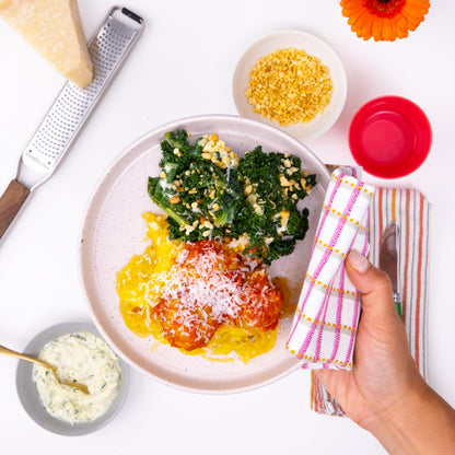 Spaghetti Squash & Turkey Meatball with braised kale and herbed ricotta from Kitchenette, a Santa Barbara based family meal delivery service.